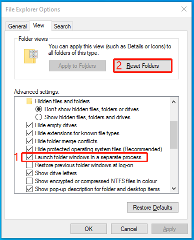 file explorer Windows 10 reset file options