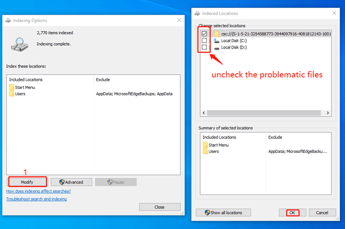 file explorer Windows 10 modify indexing options
