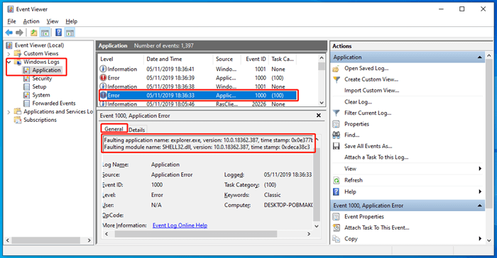 file explorer Windows 10 error details